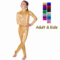 Adult Kids Long Sleeve Metallic Gymnastics Leotard Shiny Ballet Dance Bodysuit Unitard Girls Women Stage Dance Wear Suit