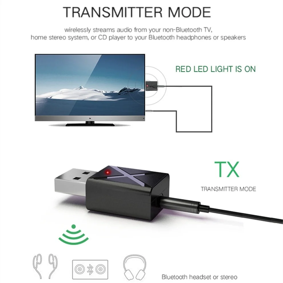 2 em 1 bluetooth 5.0 receptor de áudio transmissor estéreo mini bluetooth aux usb 3.5mm jack para tv pc a2 kit carro adaptador sem fio