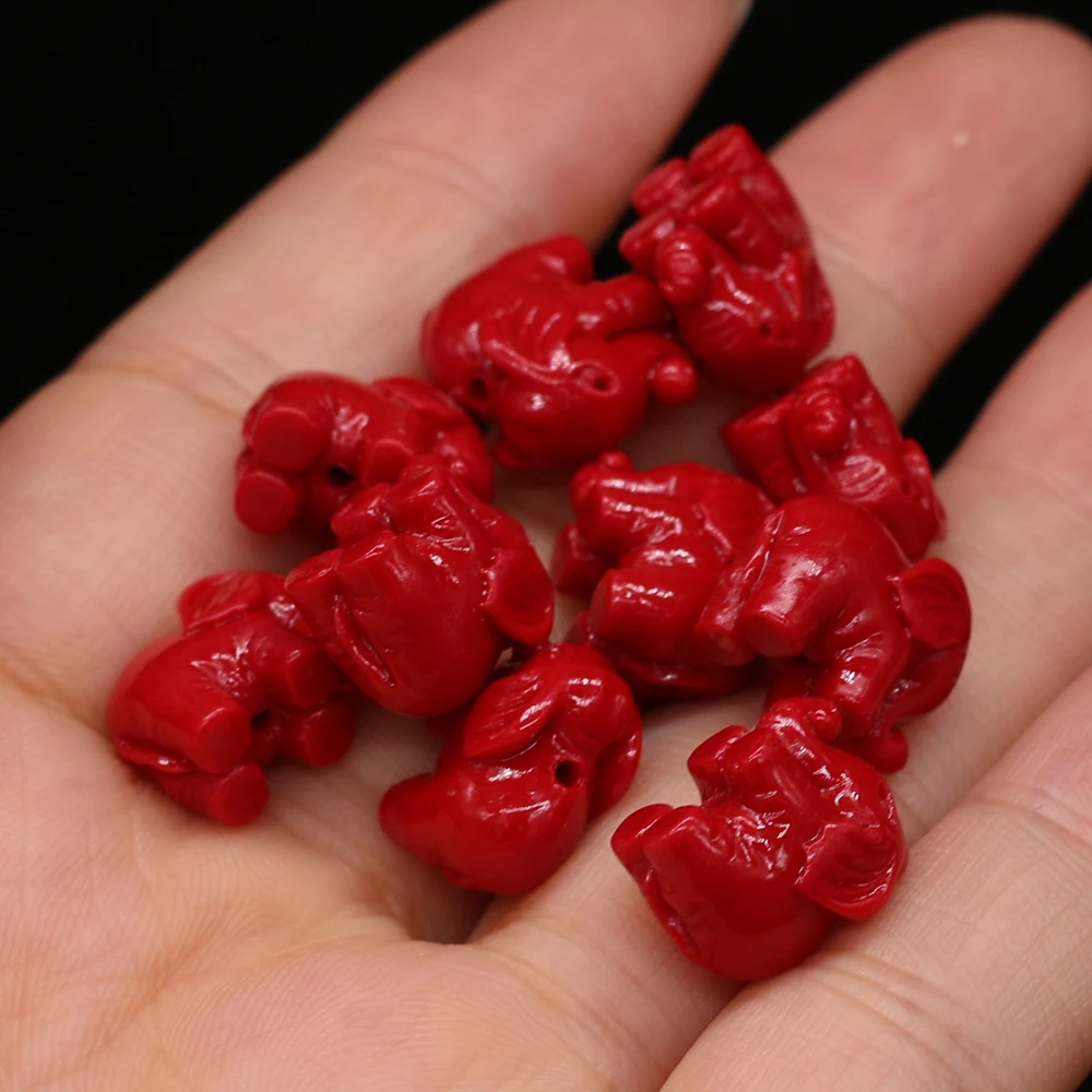 Natural Coral Red Elephant Shape Through-hole Beads Carved Making Fashion DIY Necklace Bracelet Accessories Gift10Pcs