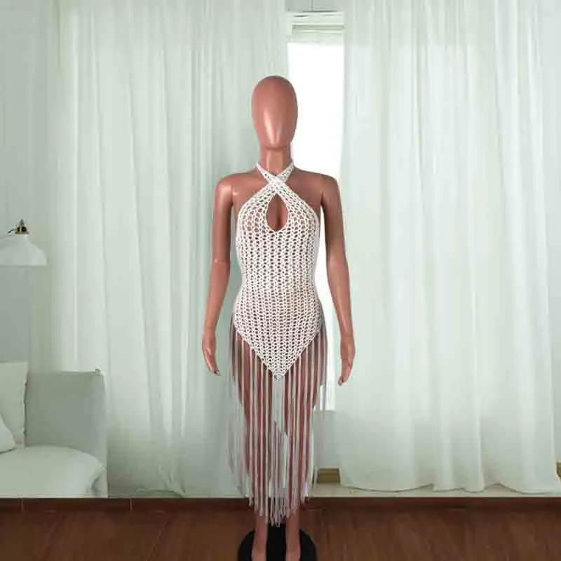 Strand Häkel-Bikini-Vertuschung, sexy Neckholder, rückenfrei, Badeanzug, durchsichtig, aushöhlen, lange Quaste, Strickkleid, weibliche Badebekleidung