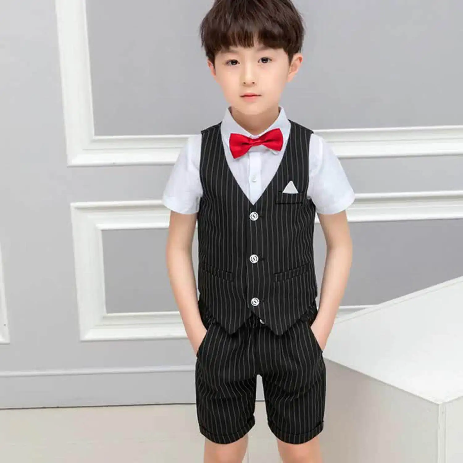 LOLANTA 4PCs Kids Boy Gentleman Stripe Formal Suit Birthday Party Wedding Shirt Vest Shorts Clothing Set