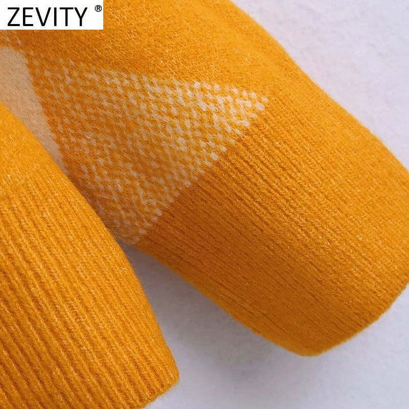 Zevity New Women Vintage O Neck Color Match Geometric Casual Knitting Sweater Female Chic Basic Long Sleeve Pullovers Tops SW913