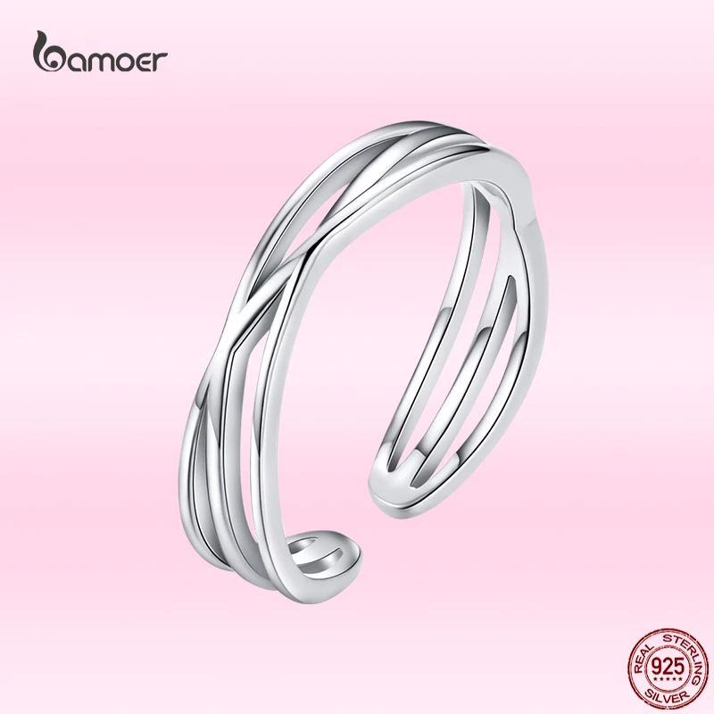 Bamoer Creative Time and Space Shuttle Silver Ring for Women 100% 925 Sterling Silver Simple Ring Fashion All-match Jewelry Gift