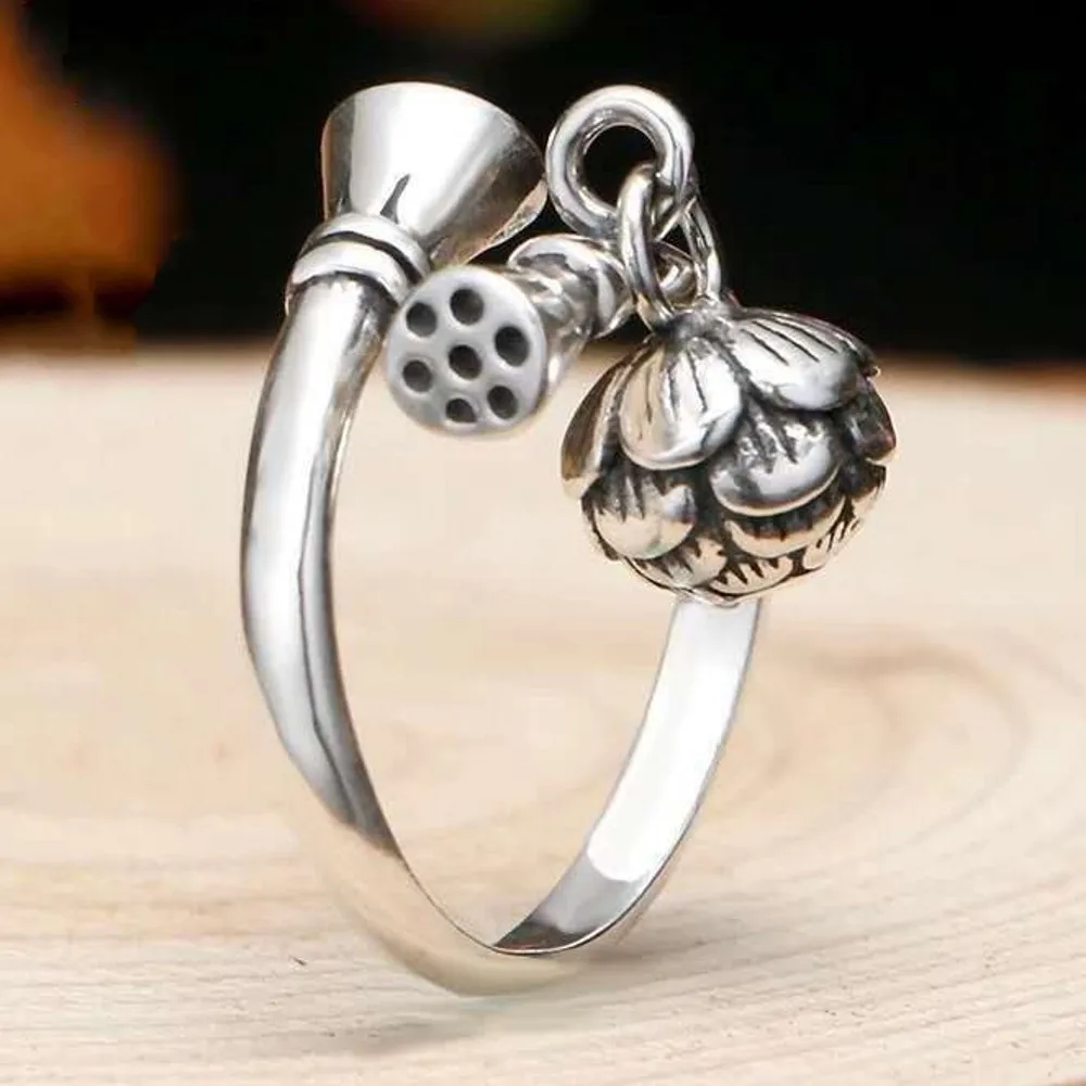 

BOCA Новое 100% настоящее твердое серебряное кольцо S999 для женщин, колокольчики лотоса, корейская версия стильного тайского серебряного регулируемого женского кольца