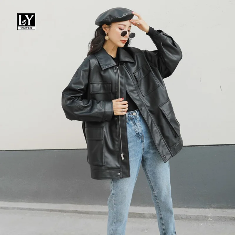 LY VAREY LIN w stylu BF luźna kurtka ze sztucznej skóry kobiet w stylu Vintage długa skórzana kurtka z paskiem damska motocyklowa kurtka motocyklowa