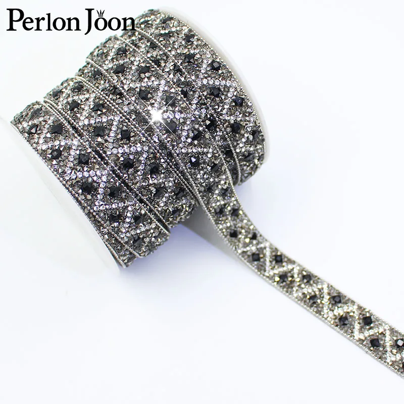 1 yard gray black geometric square glass crystal rhinestone trim hot fix tape DIY clothing accessories decoration TR156