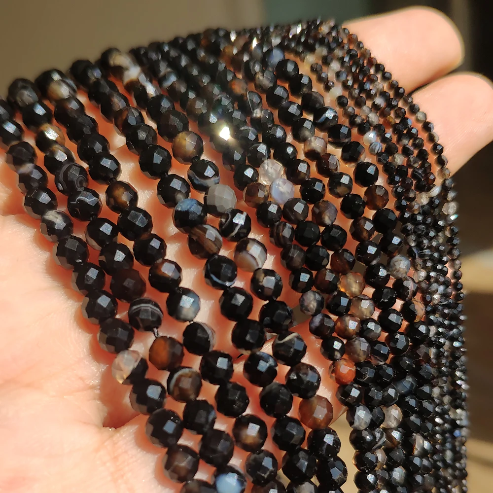 Natural Black Stripes Agates 2/3/4mm Faceted Loose Round Mineral Beads for Jewelry Making DIY Christmas Gift Bracelets 15inch