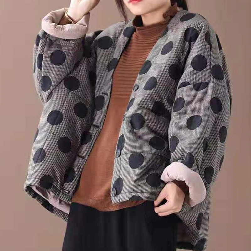 New 2024 Chinses Designer Women Warm Ladies Loose Dot Winter Jackets Female Printed Padded Vintage Streetwear Plus Size