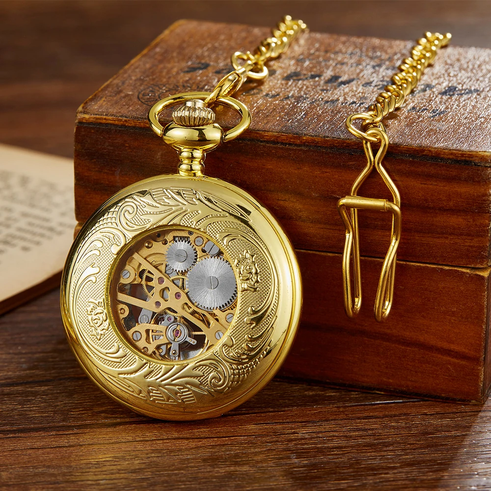Gold Pocket Watch Men Steampunk Mechanical Female Watches Roman Numerals Vintage Style Pattern Case Necklace Pendant 2021
