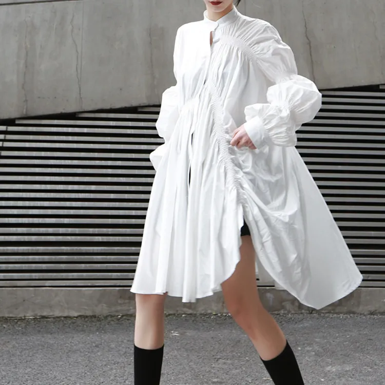 

2021 European And American Dress Fashion Trendy Irregular Pleated Lantern Sleeve Big Swing Shirt Dress Street Trendy