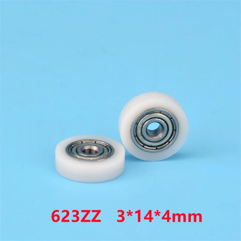 20pcs/100pcs 3*14*4mm POM Plastic Coated Pulley Flat Wheel 623ZZ Bearing Roller Bore 3mm Plastic Pulley 3x14x4mm