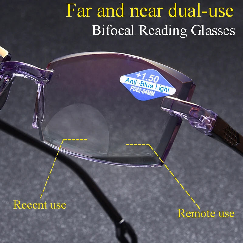 Far and near dual-use Rimless Cutting Reading Glasses TR90 Men Women Bifocal Anti-blue light Ultra-light Computer Eyeglasses