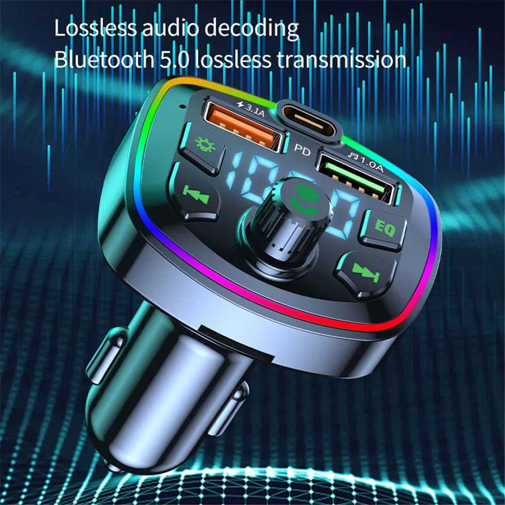 Car Bluetooth Cigar Lighter Radio FM Transmitter PD 18W Type-C Dual USB 3.1A Colorful Ambient Light Charger MP3 Music Player