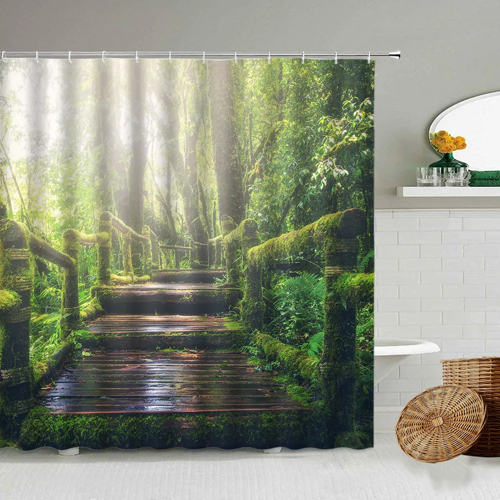 Spring Forest Shower Curtains Wooden Bridge Green Moss Trees Natural Landscape Modern Garden Bathroom Decor Polyester with Hooks