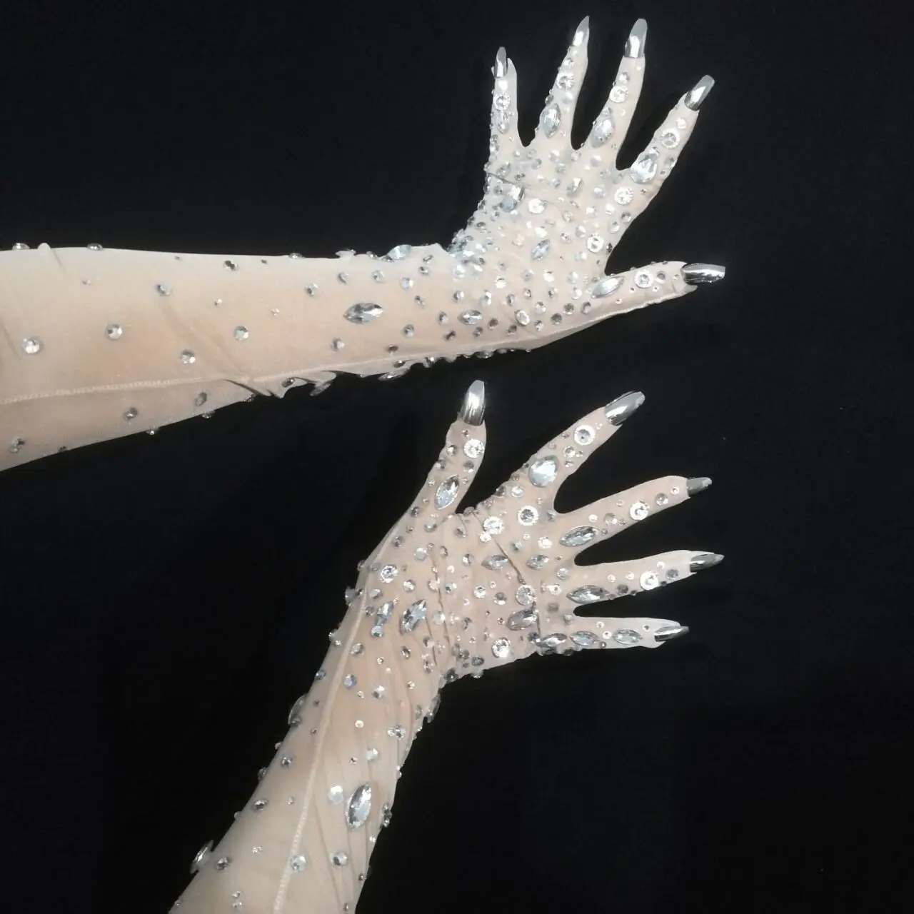 Silver Rhinestones Stretch Transparent White Gloves Bar Singer Ornament Crystals Stones Long Mittens Party Stage Accessories