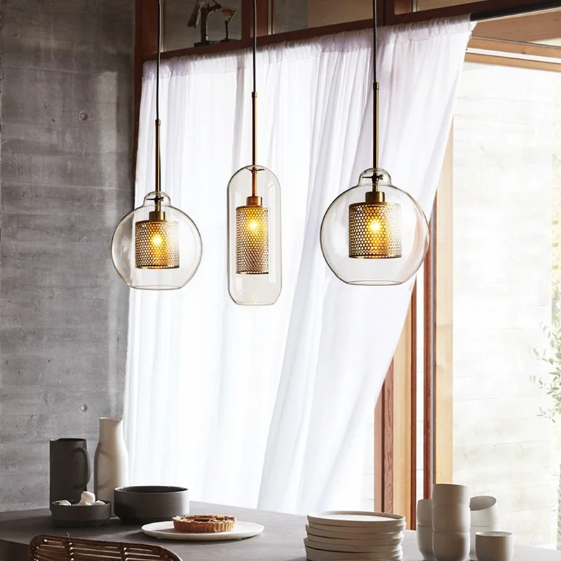 

E27 Modern Pendant Lamp with Glass Lampshade Bar Bedroom Kitchen Dining room Pendant Ceiling Light with Metal Frame Lampshade