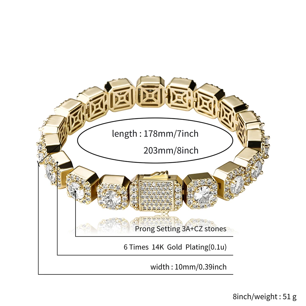 TOPGRILLZ Iced Clustered Tennis Bracelet in Yellow/White Gold(10mm) With Spring Clasp Hip Hop Fashion Jewelry