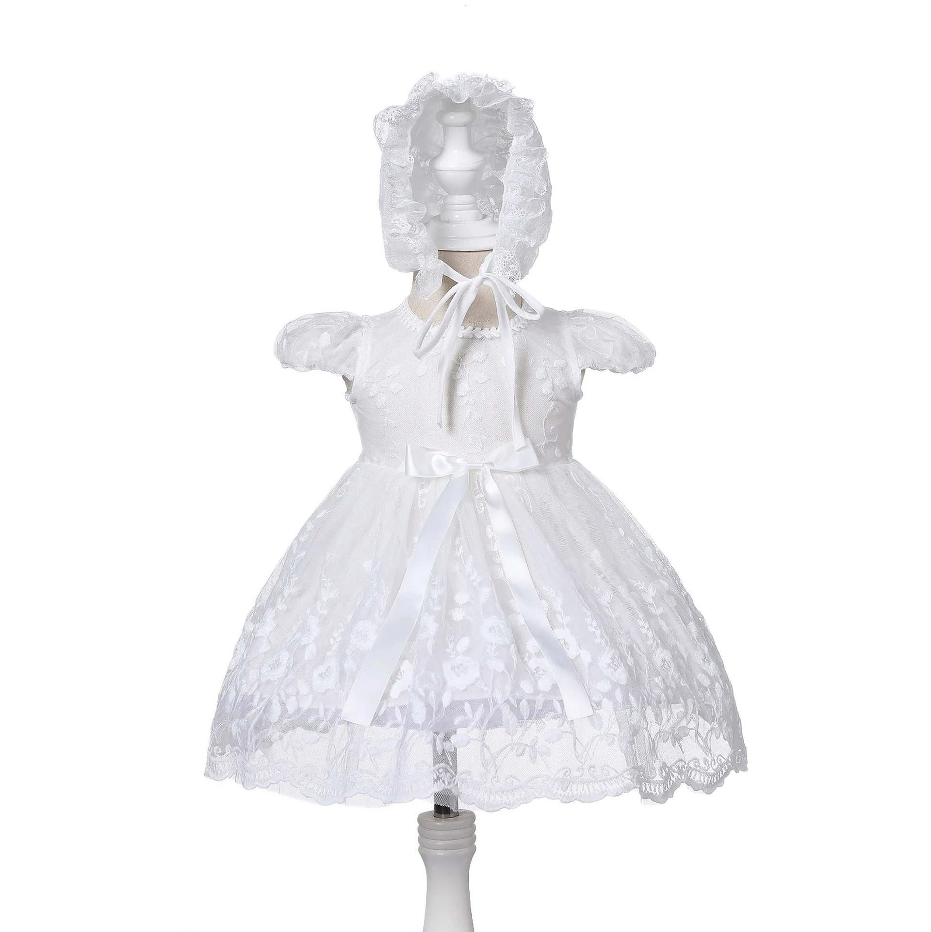 

Baby Girls Lace Baptism Dress Vintage Bebe Short Sleeve Birthday Embroidery Dress Mesh Christening Gown + Hat for Newborn 0 12M