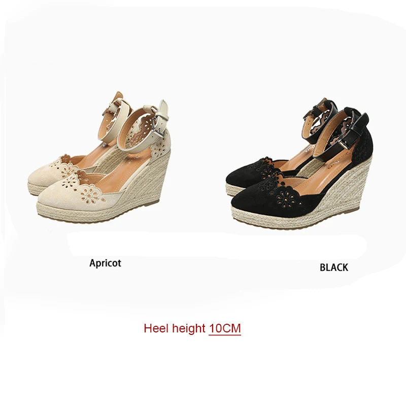 Womens Summer Espadrille Pumps Platform Wedge Sandals Ankle Buckle Strap Pointed Toe Shoes Beige Women Casual Hollow High Heels