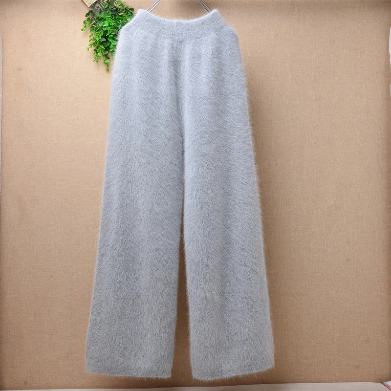 Elegant casual ladies women thicken warm winter mink cashmere loose elastic angora fur knitted trousers pants sweater pull tops