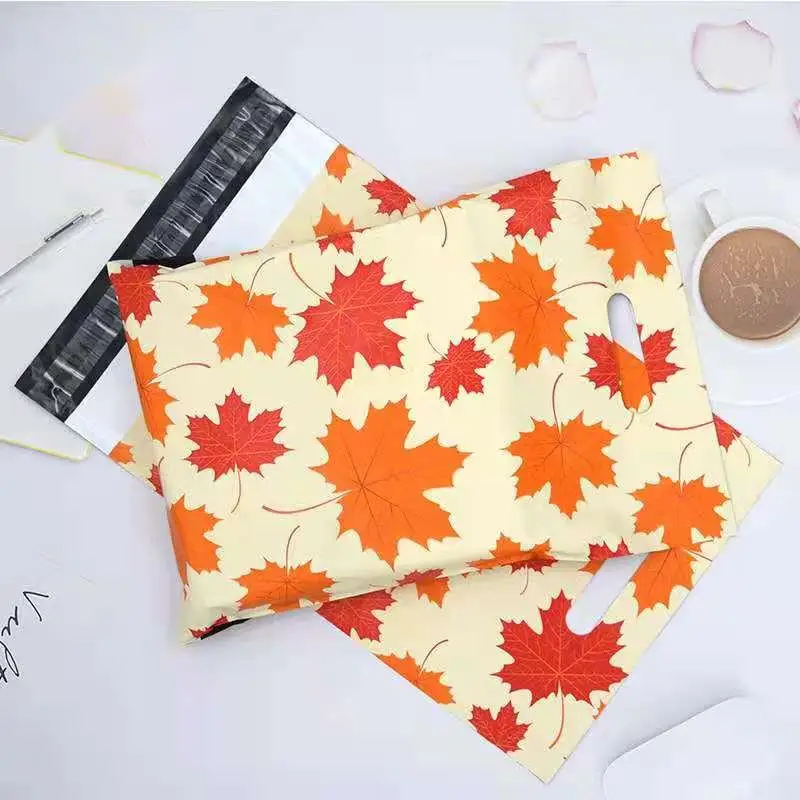 Tote Express Bag Maple Leaf/New Flower Pattern Anime Poly Mailers Self Seal Plastic Mailing Envelope Bag 25.5*33+5+6cm Design