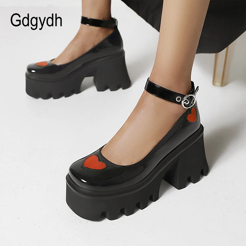 Gdgydh Romantic Goth Heart Shaped Shoes Women Platform Chunky Heels Cosplay Accessories Lolita Shoes Patent Leather Plus Size 43