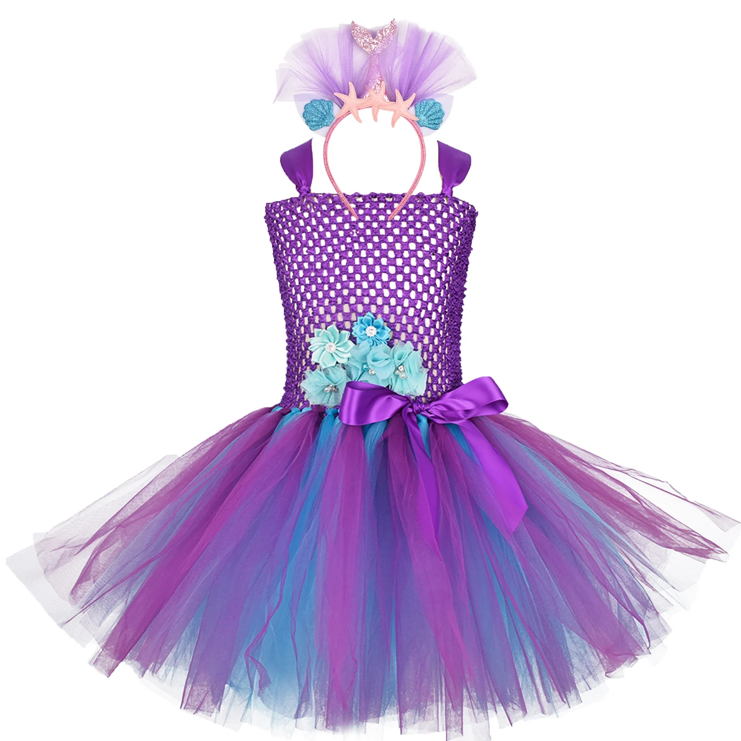 

Girls Purple Mermaid Tutu Dress Under the Sea Theme Birthday Party Costume with Mermaid Headband Kids Flower Dresses 0-12Y