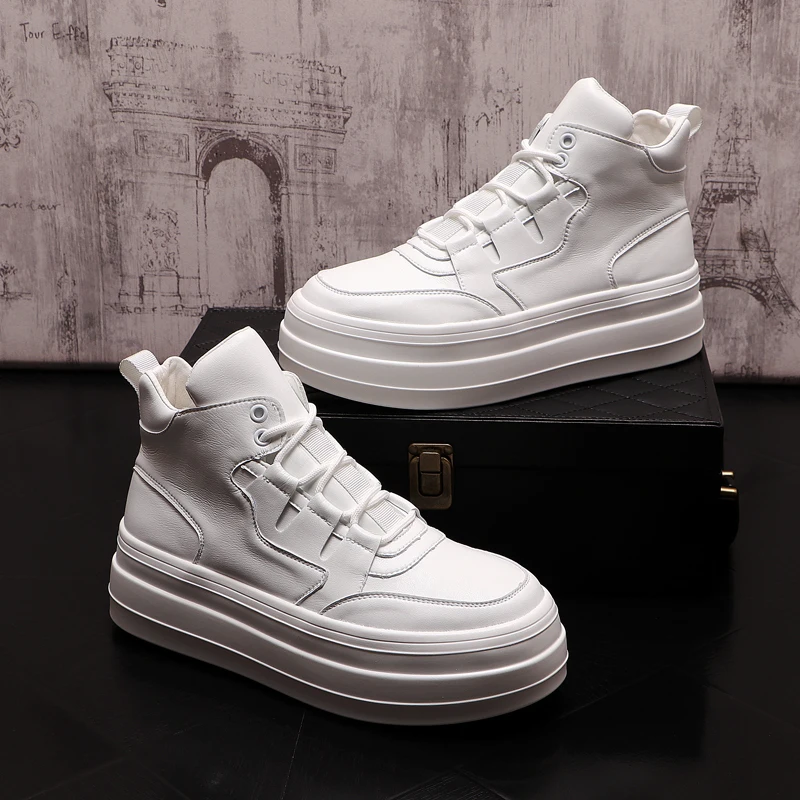 

Мужские повседневные ботинки на платформе в Корейском стиле, черные, белые ковбойские Оригинальные кожаные ботинки, молодежные кроссовки, ботильоны