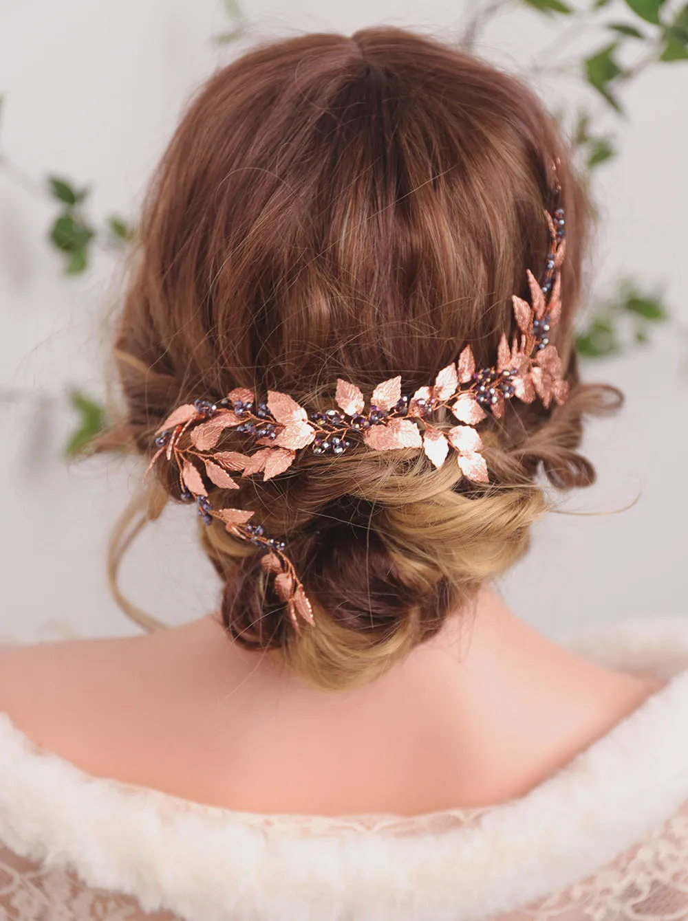 Vintage Rose Gold Leaves Purple Crystal Chic Hair Accessories Headband Bride Headwear Bridesmaid gift Elegant women