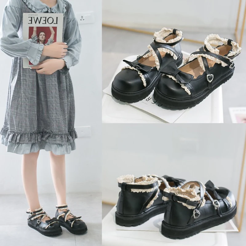 

Japanese Mary Jane Girl Daily Vintage Sweet Lolita Shoes Round Head Buckle Women Shoes Lace Up Bowknot Kawaii Shoes Loli Cosplay