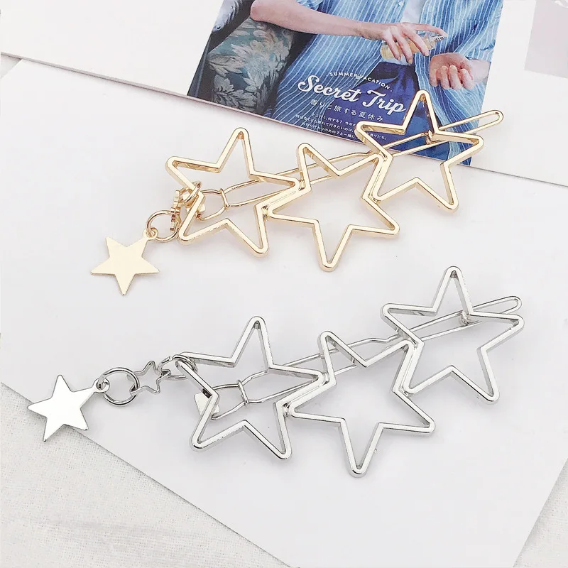 Fashion new girl love five-pointed star alloy clip bangs clip adult simple hollow hairpin clip child woman Hair Accessories