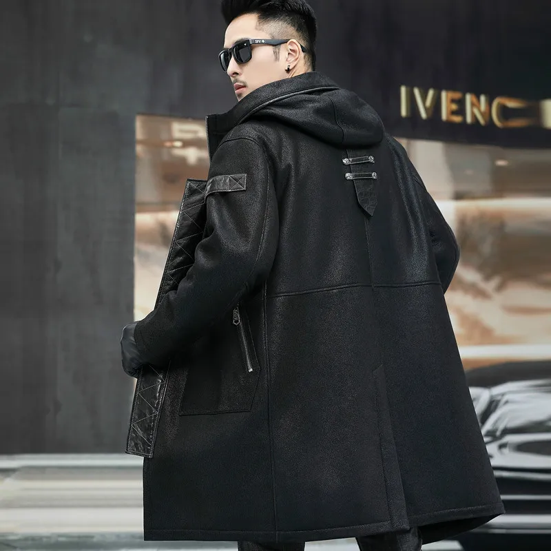 Original Ecology Mens Hooded Sherling Coat Genuine Leather Jacket Male X-Long Trench Coats Sheepskin Fur Clothing