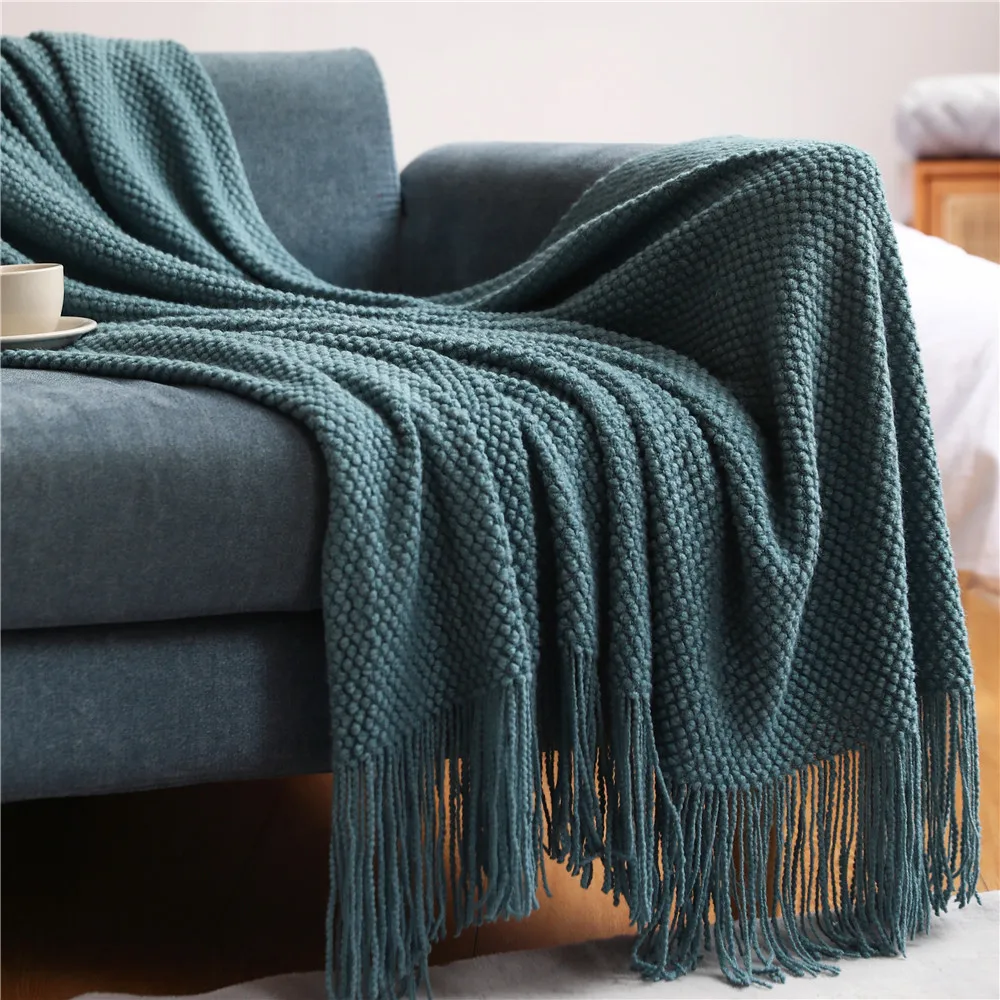 

Thickened Knitted Blanket for Home, Corn Grain, Waffle Embossed, Warm Tassels Throw, Bedspread, Winter, 130x240cm