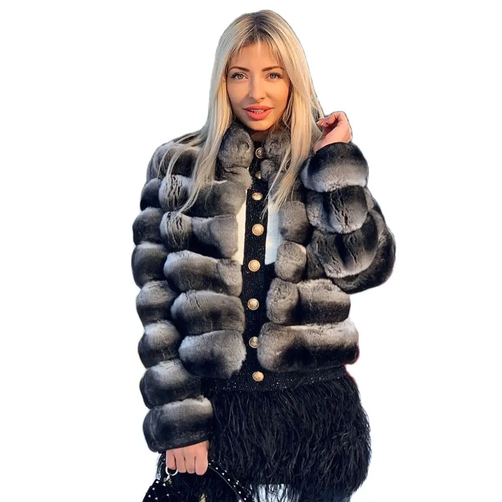 Fashion Short Real Rex Rabbit Fur Jacket Luxury Women Trendy Fur Overcoats Chinchilla Color Genuine Rex Rabbit Fur Coats Female