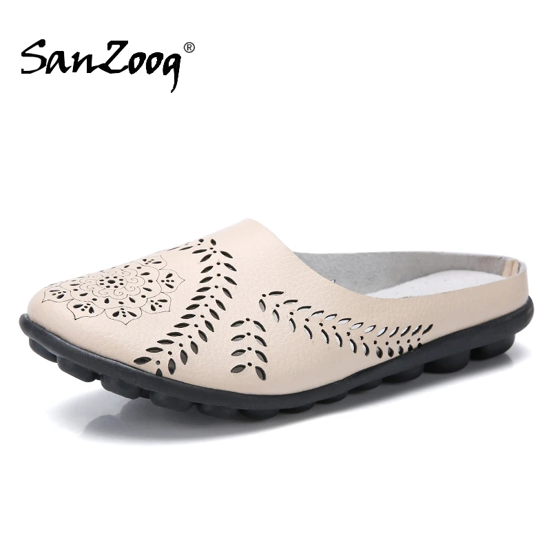 Summer Genuine Leather Slip On Flat Shoes Women Flats Breathable Casual Plus Size Comfortable 9 Colors Blue Black Beige