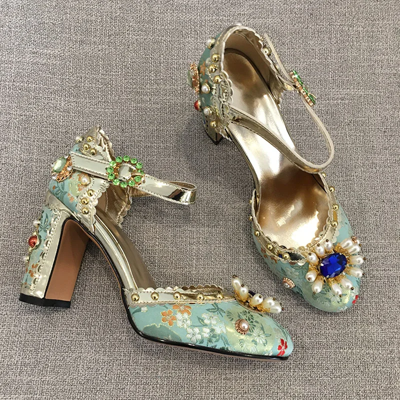 Phoentin Women Party Shoes Embroidered Bridal High Heels 2021 Luxurious Wedding Shoes Silk Green Retro Crystal Mary Janes FT1373