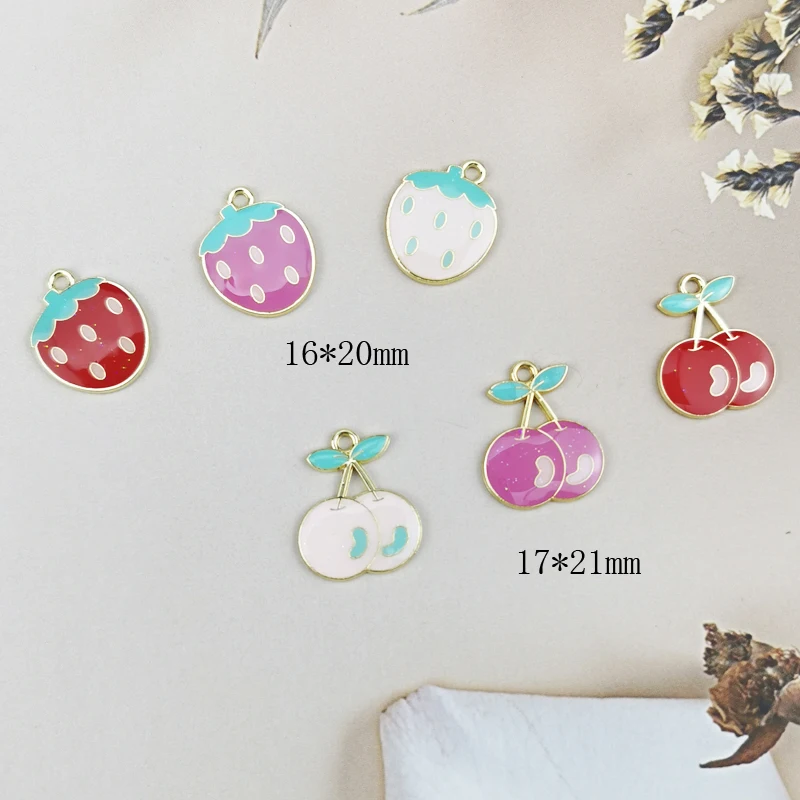 10pcs Sweet Cherry Strawberry Alloy Enamel Charms Drop Oil Fruits Pendants Earrings Dangle DIY Jewelry Accessories Phone Decor