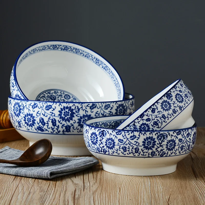 Blue and White Porcelain Noodle Bowl Ceramic Large Bowl Serving Bowls Chinese Dessert Bowl Round Pots Ramen Plates and Bowls