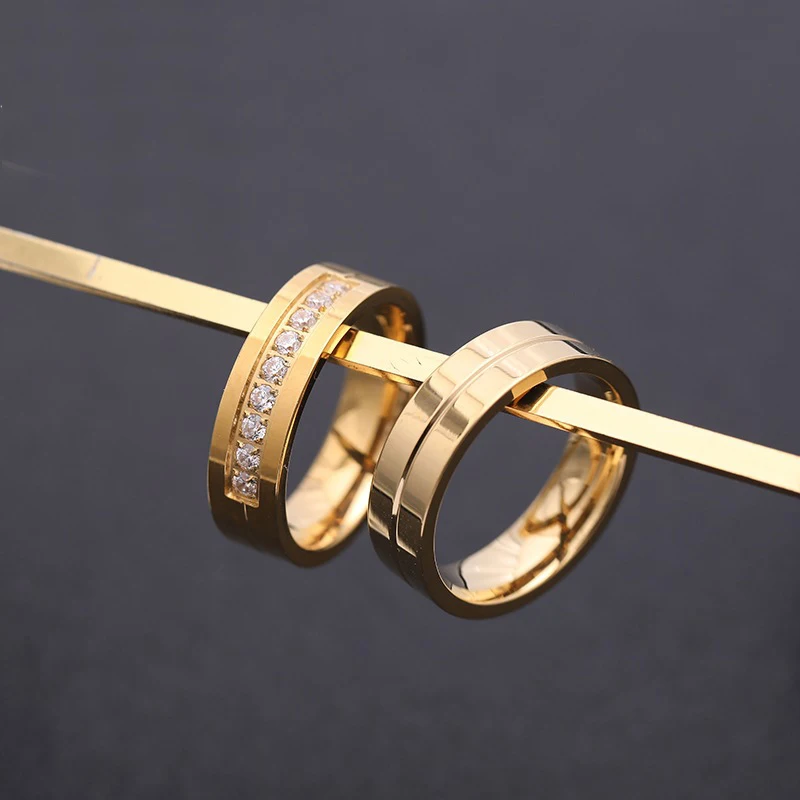 Imagen 7: 1 pieza de anillo chapado en tono dorado y plateado de acero inoxidable de titanio para hombres y mujeres, diamantes de imitación, circonita cúbica, amante, pareja, regalo de joyería para dedo