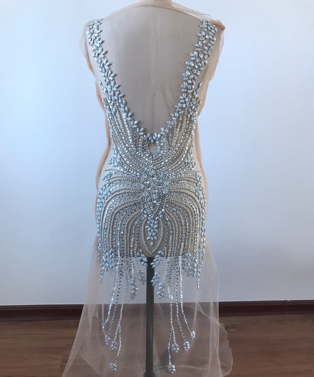 Handmade bodice rhinestones applique silver sew on full body trim patches for wedding dress