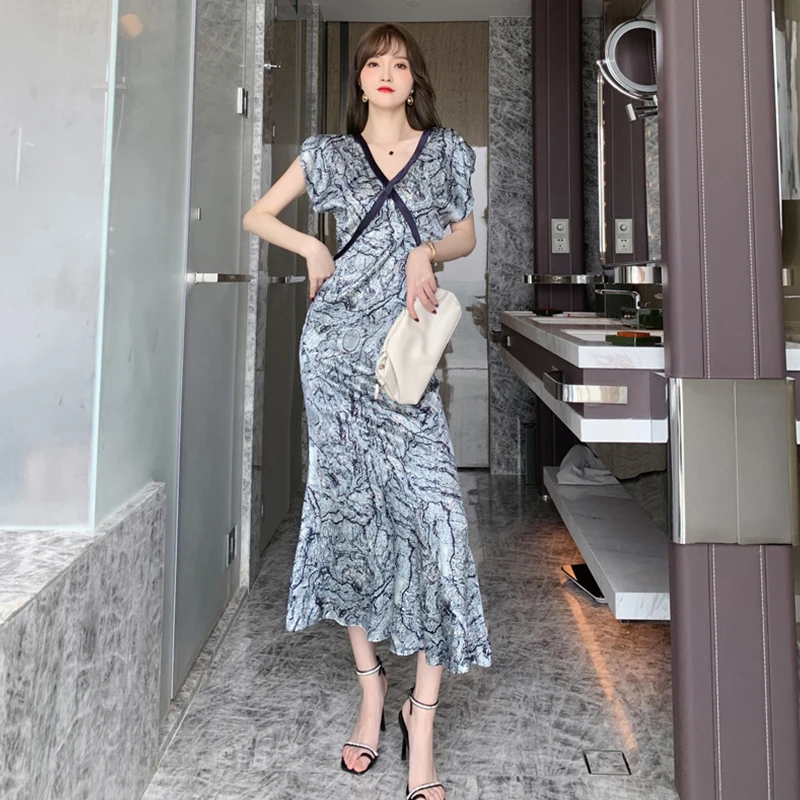 

new arrival fashion korean style beach party dress women elegant summer short sleeve temperament OL simple print trumpet dress