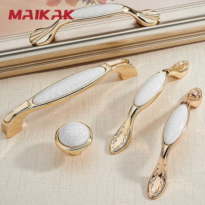 MAIKAK European Creamic Gold and White Cabinet Handles Zinc Alloy Drawer Pulls Kitchen Door Knobs Furniture Handle Hardware