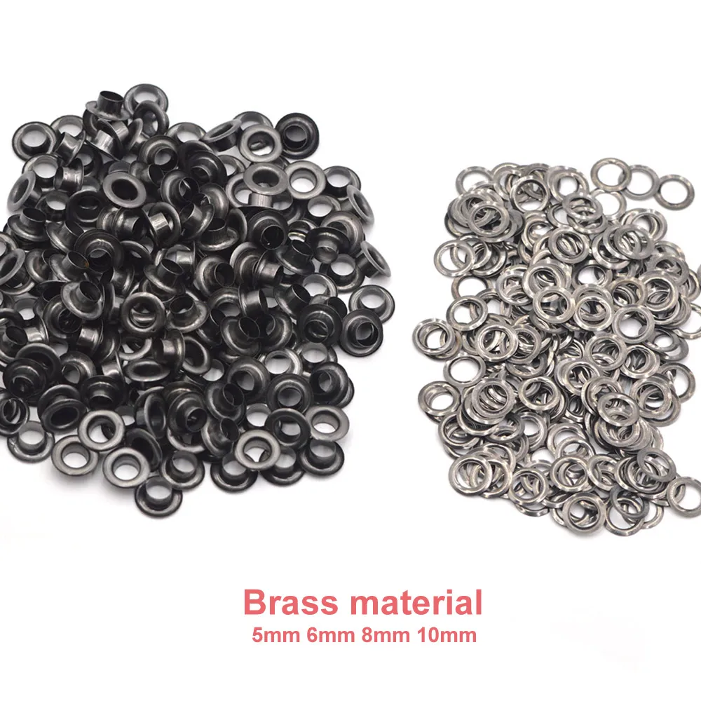 100sets Brass Material Gun Black 5mm 6mm 8mm 10mm Grommet Eyelet With Washer Fit Craft Shoes Belt Cap Leather DIY Supplies