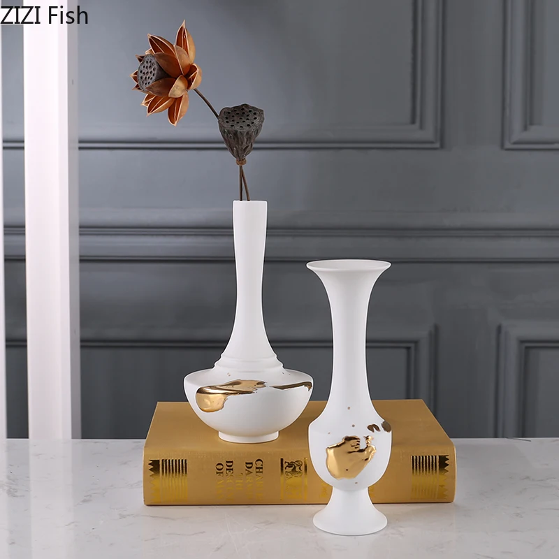 

Gilt Ceramic Vase Creativity Gilded Flower Arrangement Desk Decoration Artificial Flower Decorative Vases Modern Home Decor