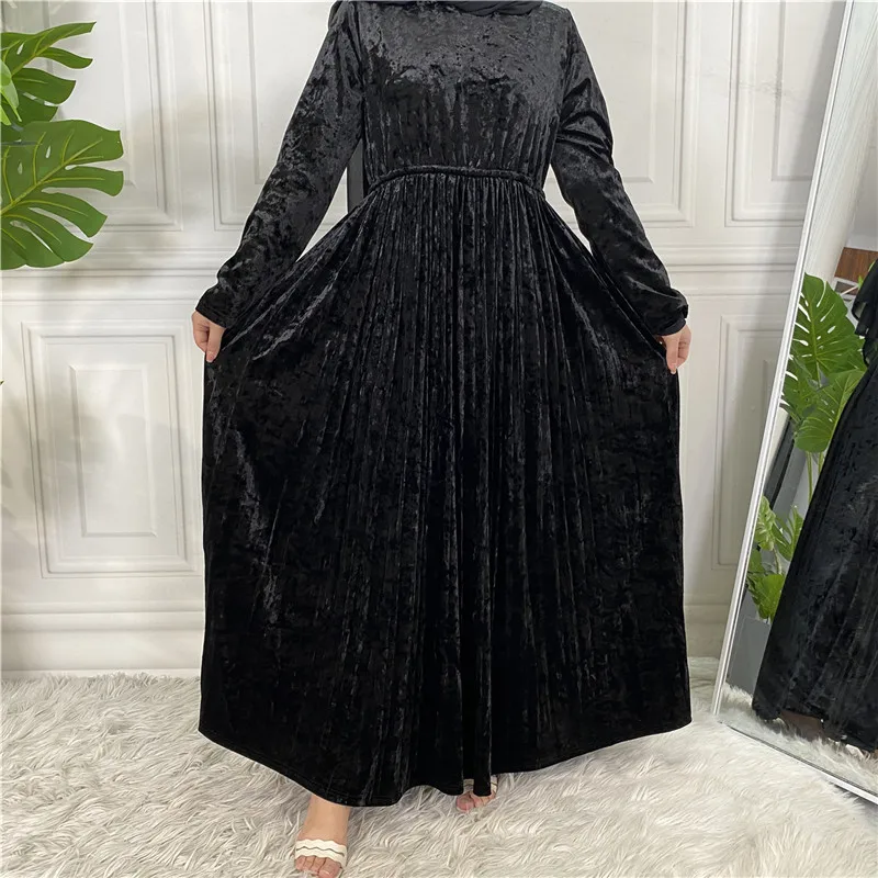 Autumn Winter Abayas Muslim Women's Long Dress Arabic Kaftan Robe Velvet Islamic Ramadan Middle East Dubai Turkish Solid Dress