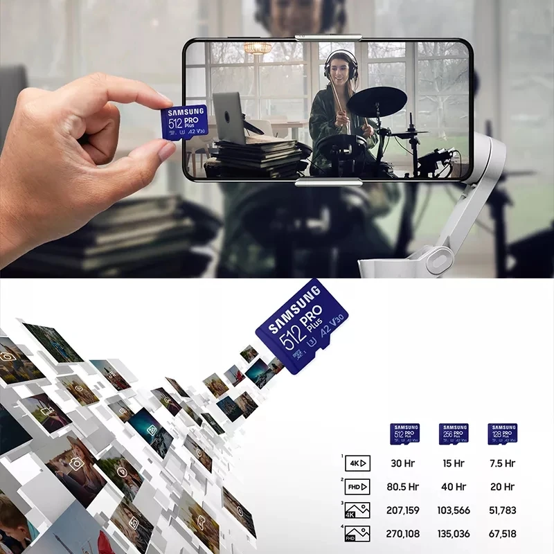 Samsung-cartão de memória u3 a2, 128gb, 256gb, 512gb, md pro plus tf até 180 mb/s, micro sdxc v30 4k, usado para drones dji e vídeo gopro