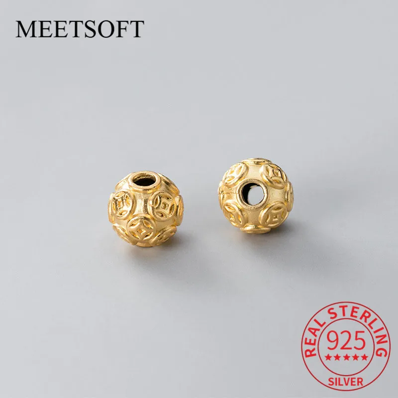 MEETSOFT Classic 925 Sterling Silver Round Gold Chinese elements Space charms Beads Cameo Handmade Gift Of DIY Jewelry Accessory