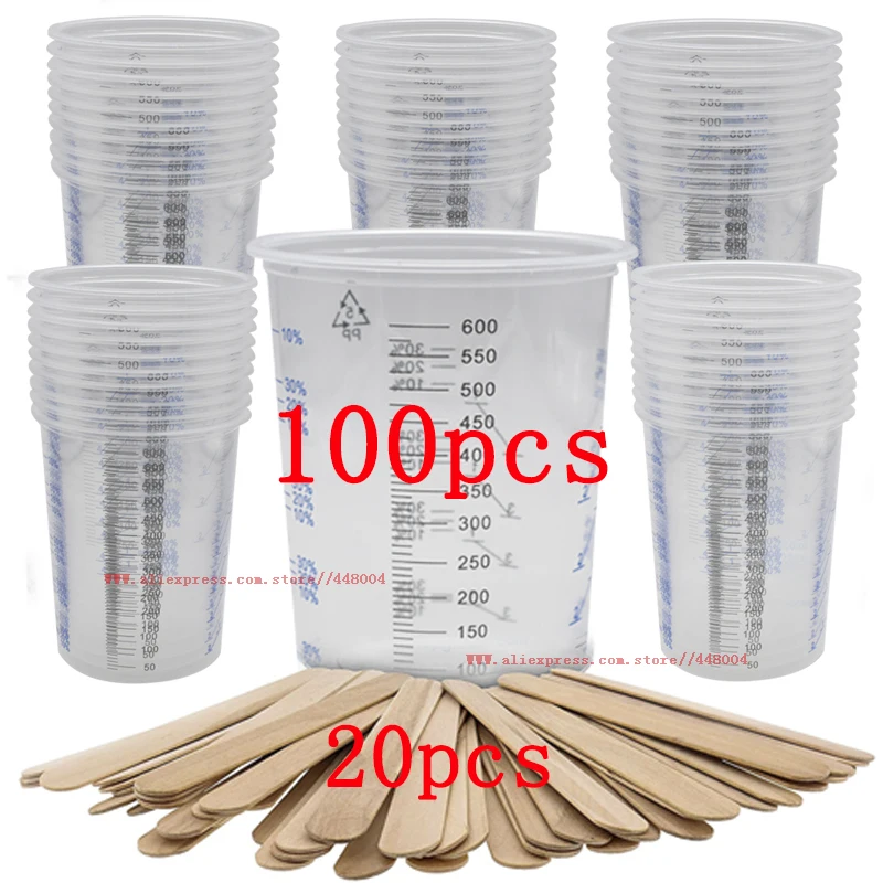 25/50/100pcs tazza per pistola a spruzzo per vernice 600ml bicchieri di miscelazione in plastica graduati trasparenti usa e getta usa per spruzzare auto