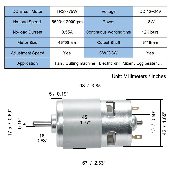 Motor de cepillo de alta velocidad, 775/5000/10000 rpm, soporte de regalo CW y CCW, Mini Motor de cepillo con rodamiento para piezas de controlador DIY, 12000 24V DC 12V