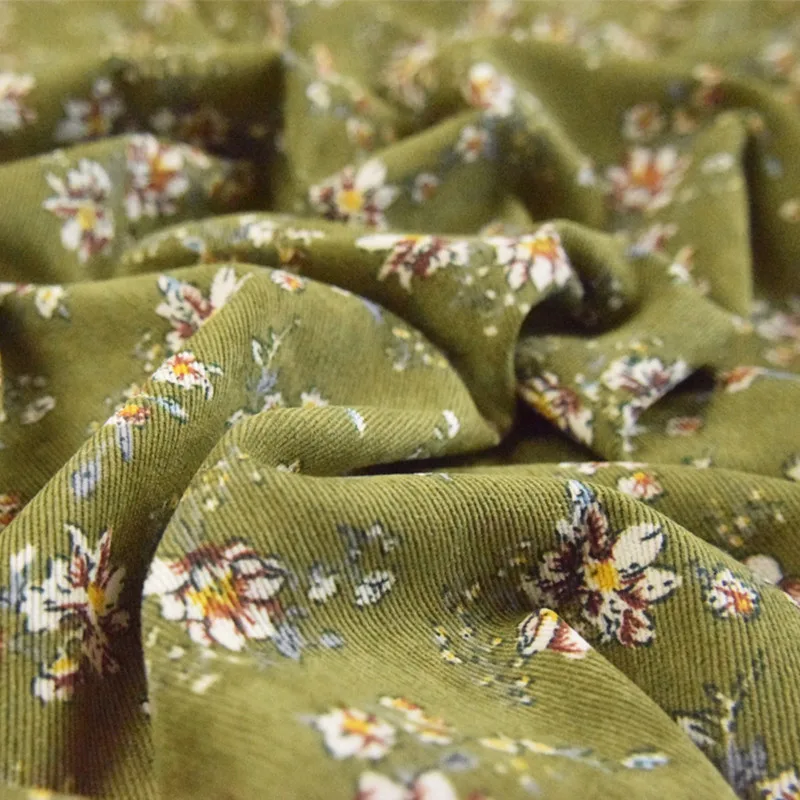 Half Meter Autumn Green Little Flower Print Cotton Corduroy Fabric For Cheongsam Trousers Girl Garment Material T1487